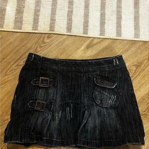Dark Wash Denim Mini Skirt with Buckle Accents